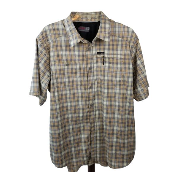 Wrangler Outdoor Blue Yellow Tan Plaid Snap Button Zipper Pocket  Size Large - Picture 1 of 3